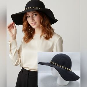 Vintage Black Wool Fedora Hat Gold Chain Belt Detail Wide Brim One Size